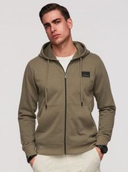 Rozpinana bluza męska dresowa z kapturem i patchem – oliwkowa V4 - Rozmiar: XXL. Zielone bluzy męskie Ombre Clothing, m, bez wzorów, z bawełny, z kapturem, trekkingowe. Za 169.99 zł.