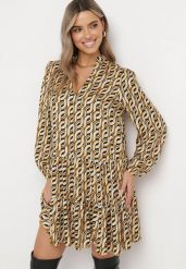 Beżowa Rozkloszowana Sukienka Mini z Falbanką Naike. Brązowe sukienki damskie Born2be, l, z aplikacjami, z tkaniny, bez kołnierzyka, bez ramiączek, mini, rozkloszowane. Za 119.99 zł.