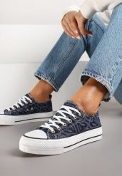 Granatowe Trampki na Platformie Zdobione Wzorem w Serca Gonavith. Niebieskie trampki i tenisówki damskie Renee, z aplikacjami, z jeansu, bez zapięcia. Za 59.99 zł.