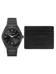 Trussardi Zestaw zegarek i etui na karty R2453156007 Czarny. Czarne, analogowe zegarki męskie TRUSSARDI, bez wzorów. Za 829.99 zł.