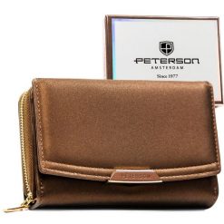 Brązowy portfel damski ze skóry ekologicznej zamykany na zatrzask i suwak - Peterson. Brązowe portfele damskie Peterson, ze skóry ekologicznej. Za 94.99 zł.