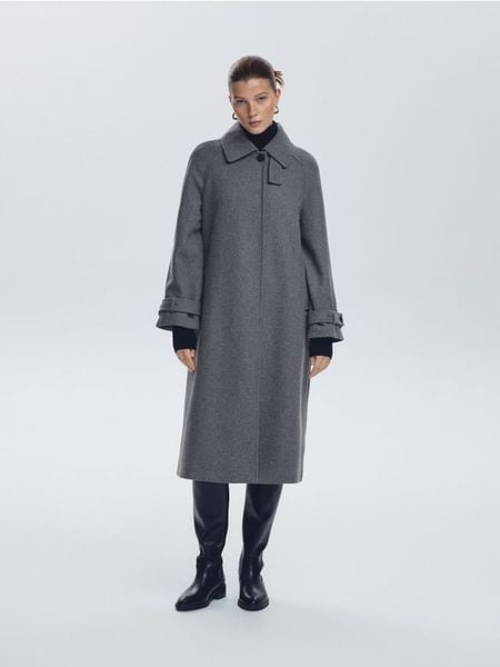 Płaszcz z dodatkiem wełny - ciemnoszary. Szare płaszcze damskie Reserved, l, bez wzorów, z tkaniny, bez kołnierzyka, bez kaptura. Za 359.99 zł.