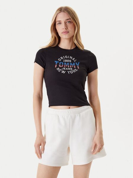 Tommy Jeans T-Shirt DW0DW21421 Czarny Slim Fit. Czarne t-shirty damskie Tommy Jeans, xl, bez wzorów, z bawełny, bez kołnierzyka, bez ramiączek. Za 99.99 zł.