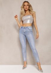 Jasnoniebieskie Jeansy Skinny z Wysokim Stanem i Połyskującym Wykończeniem Ceniza. Niebieskie jeansy damskie Renee, bez wzorów, z jeansu, z podwyższonym stanem. Za 69.99 zł.