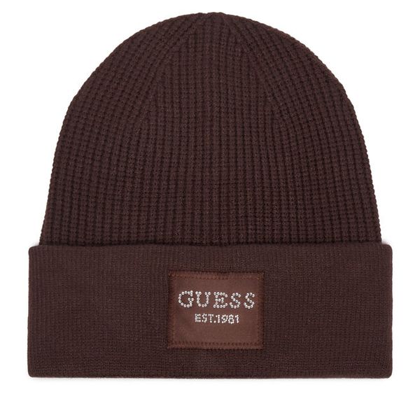 Czapka Guess. Brązowe czapki damskie Guess, na zimę, z aplikacjami. Za 154.99 zł.