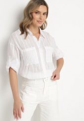 Biała Koszula z Bawełny w Paski z Podpinanymi Rękawami Lisirwena. Białe koszule damskie Born2be, l, bez wzorów, z bawełny, eleganckie, bez kołnierzyka, bez ramiączek. Za 64.99 zł.