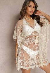 Beżowa Siateczkowa Tunika Narzutka z Haftowanym Wzorem i Chwostami Narifea. Brązowe tuniki damskie Renee, l, bez wzorów, z materiału, boho, bez ramiączek. Za 89.99 zł.