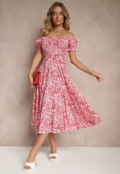Czerwona Rozkloszowana Sukienka w Kwiatowy Print z Bawełną i Dekoltem Łódką z Bufkami Saniren. Czerwone sukienki damskie Renee, l, bez wzorów, z bawełny, eleganckie, bez kołnierzyka, bez ramiączek, midi, rozkloszowane. Za 49.99 zł.