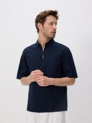 Koszula comfort z dodatkiem lnu - granatowy. Niebieskie koszule męskie Reserved, l, bez wzorów, z tkaniny, bez kołnierzyka, bez ramiączek. W wyprzedaży za 79.99 zł.