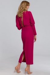 Elegancka sukienka z odkrytymi plecami i rozcięciem fiolet. Fioletowe sukienki damskie Makover, na imprezę, l, bez wzorów, z elastanu, eleganckie, bez kołnierzyka, bez ramiączek, maxi, dopasowane. Za 449.00 zł.