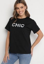 Czarny T-shirt Bawełniany z Napisem i Perełkami Nalinor. Czarne t-shirty damskie Born2be, m, bez wzorów, z bawełny, eleganckie, bez kołnierzyka, bez ramiączek. Za 34.99 zł.