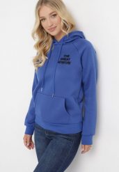 Granatowa Bluza z Kapturem i Nadrukiem Masunes. Niebieskie bluzy damskie Born2be, l, bez wzorów, z polaru, casualowe, bez ramiączek, z kapturem. Za 84.99 zł.
