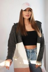 Sweter Kardigan z kapturem w pasy grafitowy+ecru+pudrowy róż. Czerwone kardigany damskie KESI, l, bez wzorów, z jeansu, bez kołnierzyka, plus size. Za 209.08 zł.