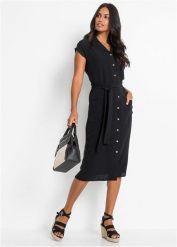 Sukienka koszulowa z wiązanym paskiem. Czarne sukienki damskie bonprix, bez wzorów, bez kołnierzyka, bez ramiączek, koszulowe. Za 144.99 zł.