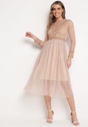 Beżowa Sukienka Phaerusa. Brązowe sukienki damskie Born2be, m, z aplikacjami, z koronki, eleganckie, bez kołnierzyka, bez ramiączek, midi, rozkloszowane. Za 109.99 zł.