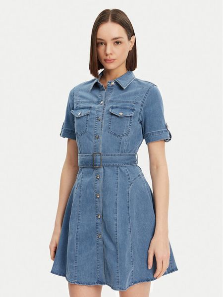 Morgan Sukienka jeansowa 241-RIXES Niebieski Regular Fit. Niebieskie sukienki damskie Morgan, bez wzorów, z bawełny, bez kołnierzyka, bez ramiączek. Za 219.99 zł.