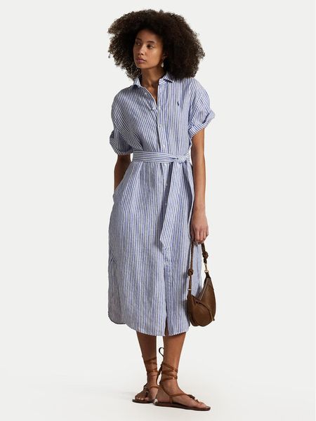 Polo Ralph Lauren Sukienka koszulowa 211965843002 Niebieski Regular Fit. Niebieskie sukienki damskie Polo Ralph Lauren, bez wzorów, ze lnu, bez kołnierzyka, bez ramiączek, koszulowe. Za 829.99 zł.