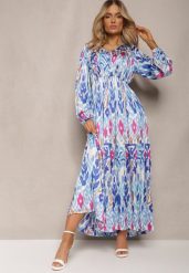 Niebieska Rozkloszowana Sukienka z Elastyczną Gumką w Talii w Stylu Boho Mizza. Niebieskie sukienki damskie Renee, l, bez wzorów, z materiału, boho, bez kołnierzyka, bez ramiączek, maxi, rozkloszowane. Za 139.99 zł.