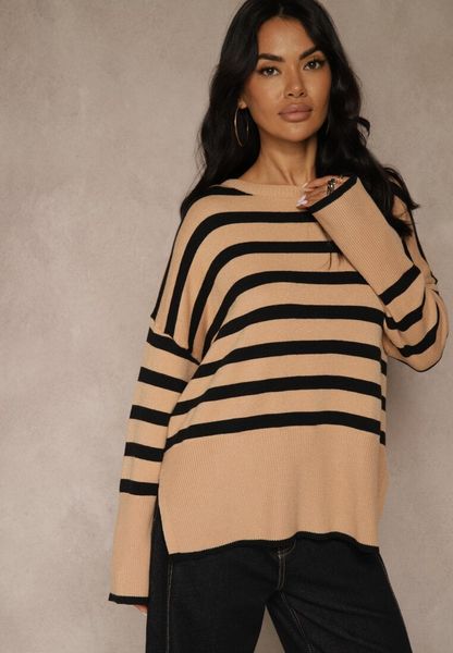 Beżowo-Czarny Sweter Oversize w Paski Kalitusa. Czarne swetry nierozpinane damskie Renee, bez wzorów, z jeansu, casualowe, bez kołnierzyka, bez ramiączek. Za 64.99 zł.