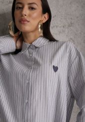 Niebieska Koszula z Bawełną w Paski z Haftowaną Aplikacją Serca Sewrona. Niebieskie koszule damskie Renee, s, z aplikacjami, z bawełny, klasyczne, bez kołnierzyka, bez ramiączek. Za 89.99 zł.