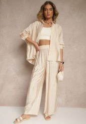 Beżowy Komplet Oversize z Koszulą i Spodniami Ulonelia. Brązowe koszule damskie Renee, l, bez wzorów, eleganckie, bez kołnierzyka, bez ramiączek. Za 89.99 zł.
