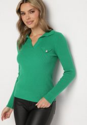 Zielony Prążkowany Sweter z Wiskozą Modalem i Ozdobnym Kołnierzykiem Adelwin. Zielone swetry nierozpinane damskie Born2be, l, z aplikacjami, prążkowane, eleganckie, bez kołnierzyka, bez ramiączek. Za 74.99 zł.