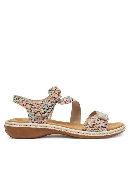 Rieker Sandały 659C7-94 Beżowy. Brązowe sandały damskie Rieker, bez wzorów, ze skóry, bez obcasa, na płaskiej podeszwie, bez zapięcia. Za 255.99 zł.