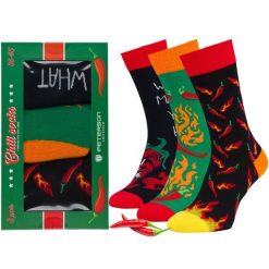 Zestaw skarpet męskich w rozmiarze 38-44 we wzory z motywem chili Peterson PTN SML-S3W-CH-38-44. Czerwone skarpety męskie Peterson, bez wzorów. Za 59.99 zł.