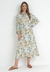 Jasnoniebieska Rozkloszowana Sukienka z Koszulową Górą Hajra. Niebieskie sukienki damskie Born2be, na co dzień, l, bez wzorów, z materiału, eleganckie, bez kołnierzyka, bez ramiączek, midi, koszulowe. Za 109.99 zł.