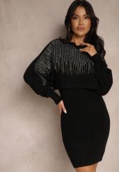 Czarny Komplet z Wiskozy Sweter Ozdobiony Cyrkoniami i Prążkowana Spódnica Emelessa. Czarne swetry nierozpinane damskie Renee, bez wzorów, prążkowane, eleganckie, bez kołnierzyka, bez ramiączek. Za 149.99 zł.