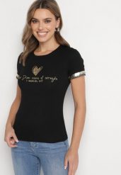 Czarny Bawełniany T-shirt Ozdobiony Cyrkoniami Arilian. Czarne t-shirty damskie Born2be, m, bez wzorów, z bawełny, eleganckie, bez kołnierzyka, bez ramiączek. Za 79.99 zł.