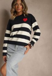 Granatowy Prosty Sweter z Domieszką Kaszmiru Zdobiony Wzorem w Pasy Tarvane. Niebieskie swetry nierozpinane damskie Renee, z aplikacjami, z kaszmiru, casualowe, bez kołnierzyka, bez ramiączek. Za 109.99 zł.