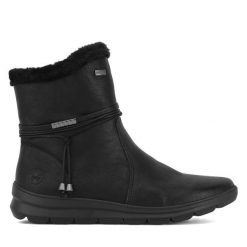 Botki Rieker. Czarne botki damskie Rieker, bez wzorów, bez obcasa, na płaskiej podeszwie, bez zapięcia. Za 265.99 zł.