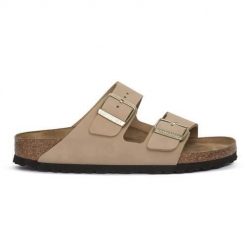 Klapki damskie Birkenstock Arizona. Brązowe klapki damskie Birkenstock, na lato, bez wzorów, z materiału, eleganckie, bez obcasa, bez zapięcia. Za 877.00 zł.