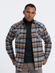 Męska flanelowa koszula w kratę z kieszeniami - szaro-żółta V1 OM-SHCS-0149 - L. Szare koszule męskie Ombre Clothing, l, bez wzorów, z bawełny, bez kołnierzyka, bez ramiączek. W wyprzedaży za 79.99 zł.