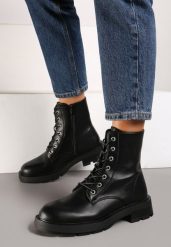 Czarne Casualowe Botki w Stylu Traperów Ravithra. Czarne botki damskie Renee, bez wzorów, z jeansu, biznesowe, bez obcasa, na obcasie, bez zapięcia. Za 129.99 zł.