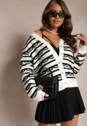 Biały Kardigan w Paski z Wiskozy Ozdobiony Cyrkoniami i Guzikami Kleviona. Białe kardigany damskie Renee, bez wzorów, z wiskozy, eleganckie, bez kołnierzyka. Za 119.99 zł.