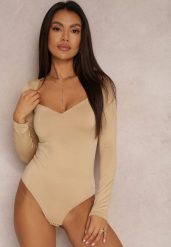 Beżowe Body z Kwadratowym Dekoltem Macotte. Brązowe body Renee, bez wzorów, z jeansu. Za 49.99 zł.