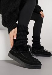 Czarne Śniegowce na Platformie Ozdobione Haftem i Futerkiem Linedis. Czarne śniegowce damskie Renee, z futra, bez zapięcia. Za 99.99 zł.