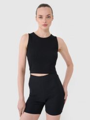 4F Crop top dzianinowy damski - czarny S. Czarne topy damskie 4F, s, bez wzorów, z bawełny, sportowe, bez kołnierzyka, bez ramiączek. W wyprzedaży za 29.99 zł.
