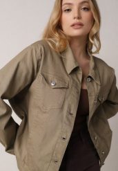 Ciemnobeżowa Bawełniana Kurtka Jeansowa Perimea. Brązowe kurtki damskie Born2be, plus size, bez wzorów, z bawełny, plus size, bez kaptura. Za 139.99 zł.