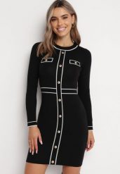 Czarna Sweterkowa Sukienka Mini Blomanda. Czarne sukienki damskie Born2be, s, bez wzorów, bez kołnierzyka, bez ramiączek, mini, dopasowane. Za 99.99 zł.