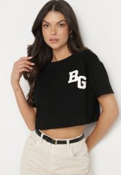 Czarny Bawełniany T-shirt Oversize o Krótkim Kroju Zariona. Czarne t-shirty damskie Born2be, l, z aplikacjami, z bawełny, eleganckie, bez kołnierzyka, bez ramiączek. Za 29.99 zł.
