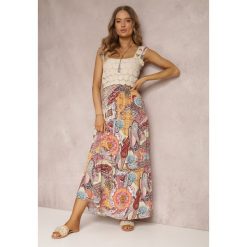 Beżowo-Różowa Sukienka Grayah. Brązowe sukienki damskie Renee, m, z aplikacjami, z tkaniny, boho, bez kołnierzyka, bez ramiączek, maxi, rozkloszowane. Za 109.99 zł.