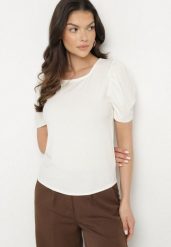 Beżowy Prążkowany T-shirt z Zakładkami przy Rękawach Kolanovia. Brązowe t-shirty damskie Born2be, l, bez wzorów, z jeansu, bez kołnierzyka, bez ramiączek. Za 34.99 zł.