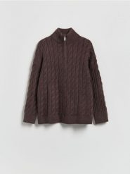 Sweter z zapięciem na zamek - ciemnobrązowy. Brązowe swetry nierozpinane damskie Reserved, l, bez wzorów, z dzianiny, bez kołnierzyka, bez ramiączek. Za 159.99 zł.