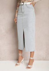 Jasnoniebieska Jeansowa Spódnica Bawełniana Midi z Rozcięciem Urbiana. Niebieskie spódnice damskie Renee, l, bez wzorów, z bawełny, eleganckie, z podwyższonym stanem, maxi. Za 139.99 zł.