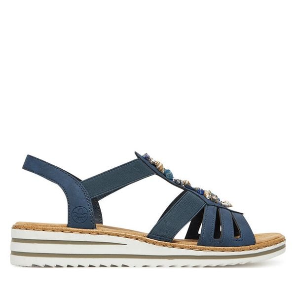 Sandały Rieker. Niebieskie sandały damskie Rieker, bez wzorów, bez obcasa, na płaskiej podeszwie, bez zapięcia. Za 259.99 zł.