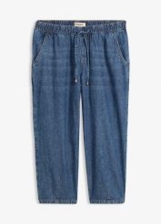 Jeansy barrel, mid waist, cropped. Niebieskie jeansy damskie bonprix, bez wzorów, z jeansu. Za 117.99 zł.