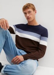 Sweter z dzianiny o splocie drobnych oczek, we wzór colourblocking, z bawełny. Niebieskie swetry męskie bonprix, l, bez wzorów, z bawełny, bez kołnierzyka, bez ramiączek. Za 112.99 zł.